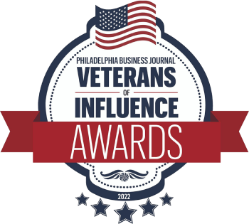 Philadelphia Business Journal Veterans of Influence Awards 2022 logo with stars and an American flag