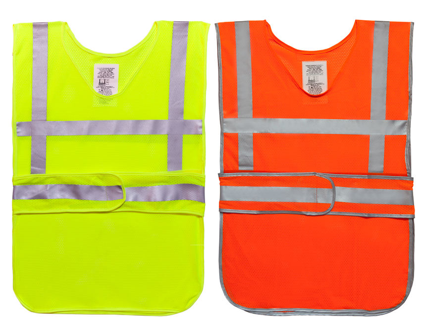 Two safety vests: one bright yellow reflective stripes and one bright orange reflective stripes