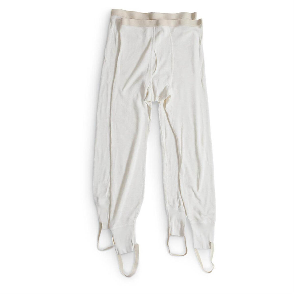 White long underwear with elastic waistband and straps