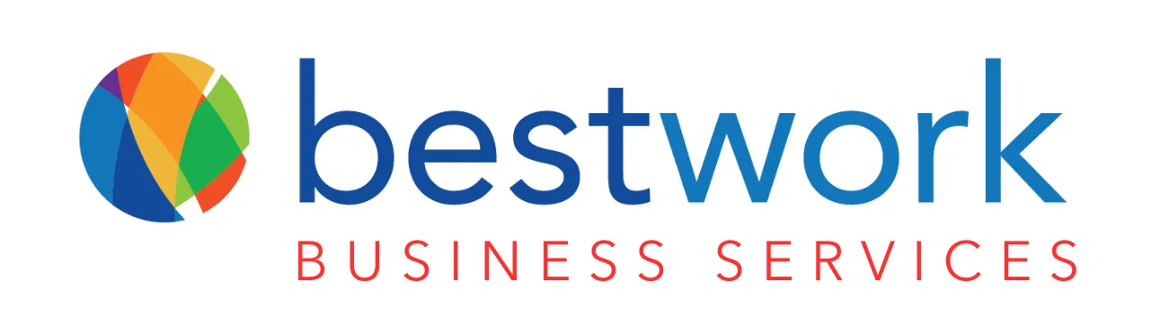 Logo for Bestwork Business Services. The logo includes a colorful, abstract circular icon with overlapping shapes in blue, red, green, and orange. To the right of the icon, the text reads "bestwork" in blue and "BUSINESS SERVICES" in red capital letters below.