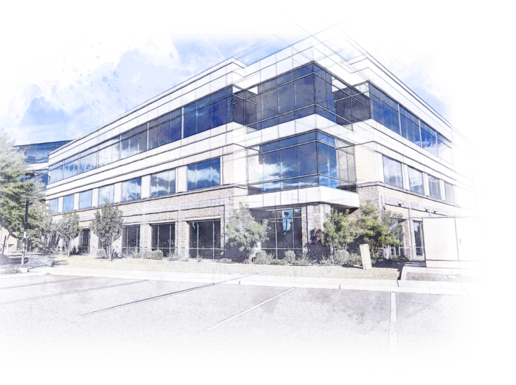 Office building illustration with large windows, surrounded by greenery and a parking lot