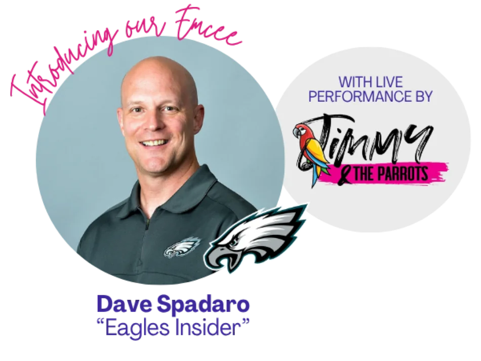 Promotional graphic introducing Dave Spadaro, labeled as "Eagles Insider," featuring his portrait with the Philadelphia Eagles logo. Above his image, the text reads "Introducing our Emcee" in a pink script font. To the right, there's a circular graphic with the text "With live performance by Jimmy & The Parrots," including a colorful parrot illustration.