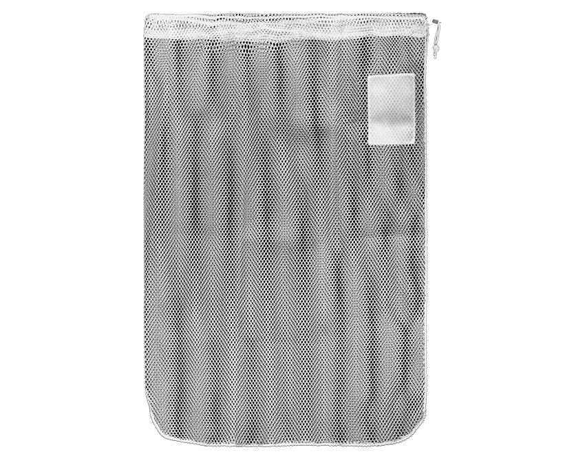 White mesh laundry bag with a zipper and a small label patch