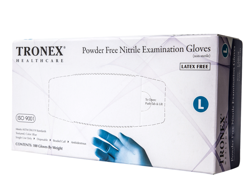 Tronex Healthcare Powder Free Nitrile Examination Gloves box, containing 100 gloves, labeled as latex-free and non-sterile