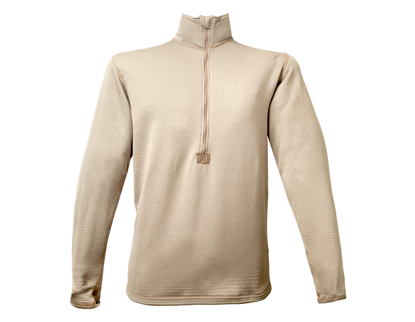 Beige long-sleeve pullover with a half-zip collar