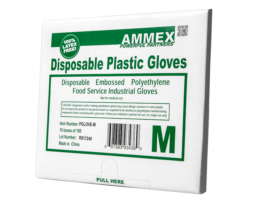 AMMEX Disposable Plastic Gloves, medium size, 100% latex-free, packaged of 100