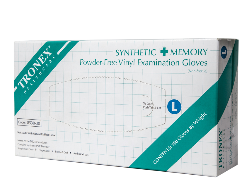 Tronex Healthcare, synthetic memory powder-free vinyl examination gloves, large size, 100 gloves per box.